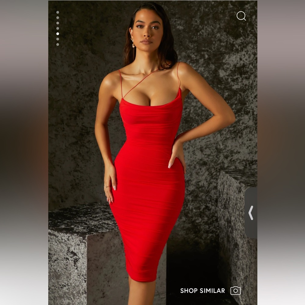 NWOT Oh Polly cowl neck ruched midi dress in red